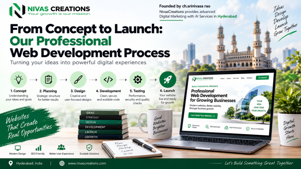 Professional web development process from concept to launch by NivasCreations in Hyderabad